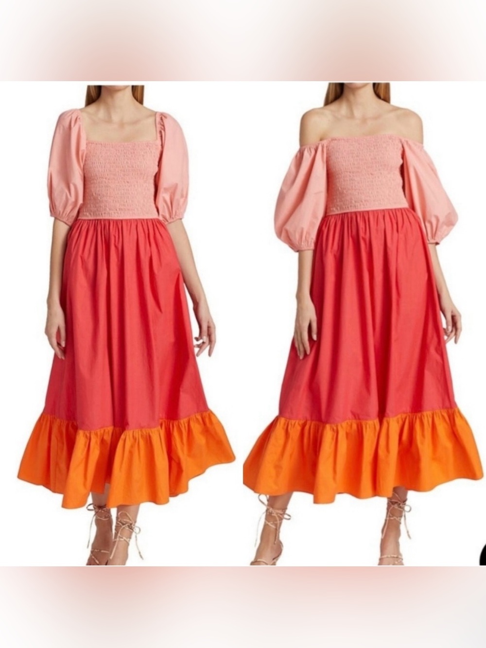 RHODE Pink Smocked Midi Dress with Orange Ruffle Hem, L